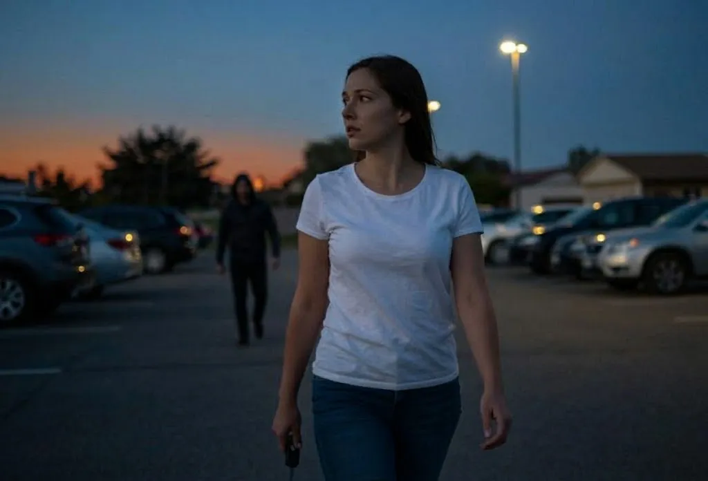 Una donna attraversa un parcheggio al tramonto, attenta a ciò che la circonda, mentre una figura incappucciata si avvicina alle sue spalle